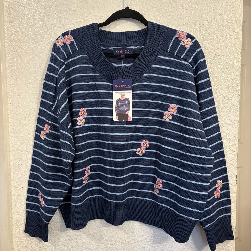 Joseph A. Striped Embroidered Crewneck Sweater Women XXL Navy Blue Floral Cotton